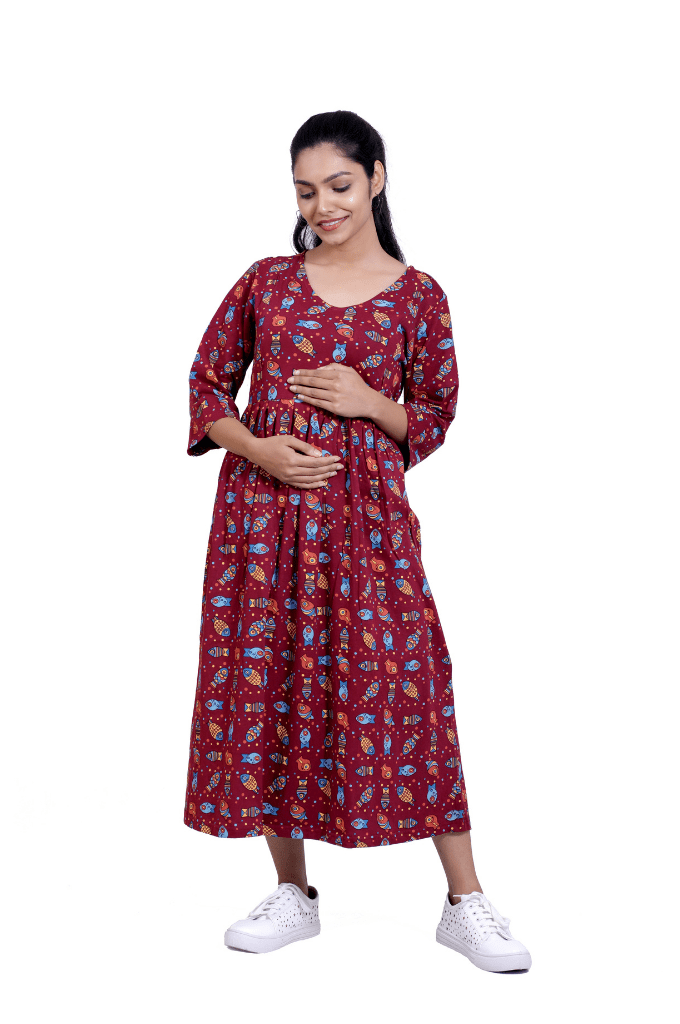 MAROON PRINTED STRETCHABLE FEEDING FROCK