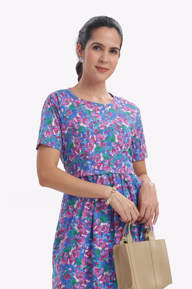 Blue Pink Floral Print Zipless Feeding Frock