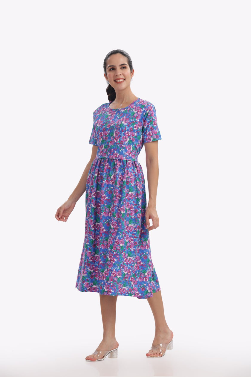 Blue Pink Floral Print Zipless Feeding Frock