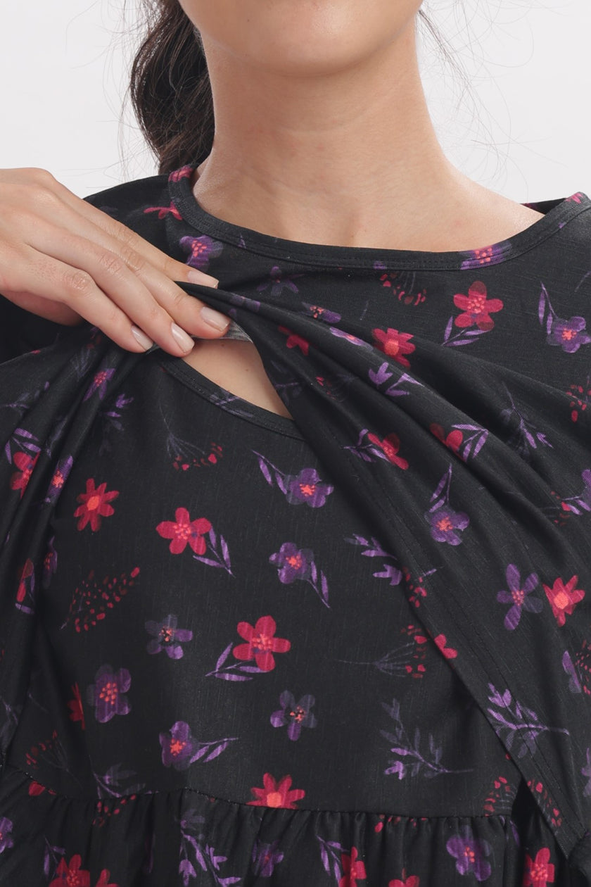 Black Floral Print Zipless Feeding Frock