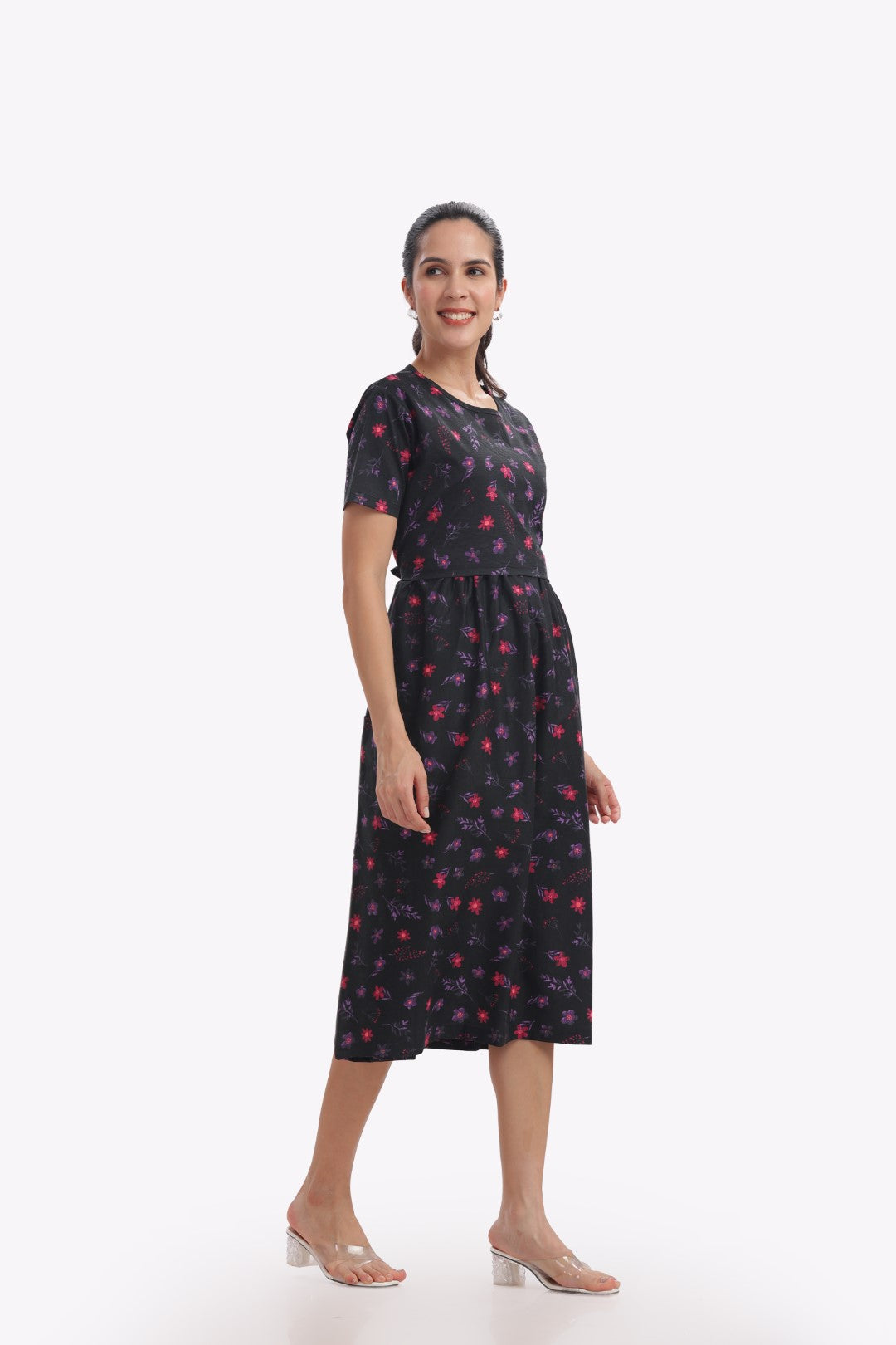 Black Floral Print Zipless Feeding Frock