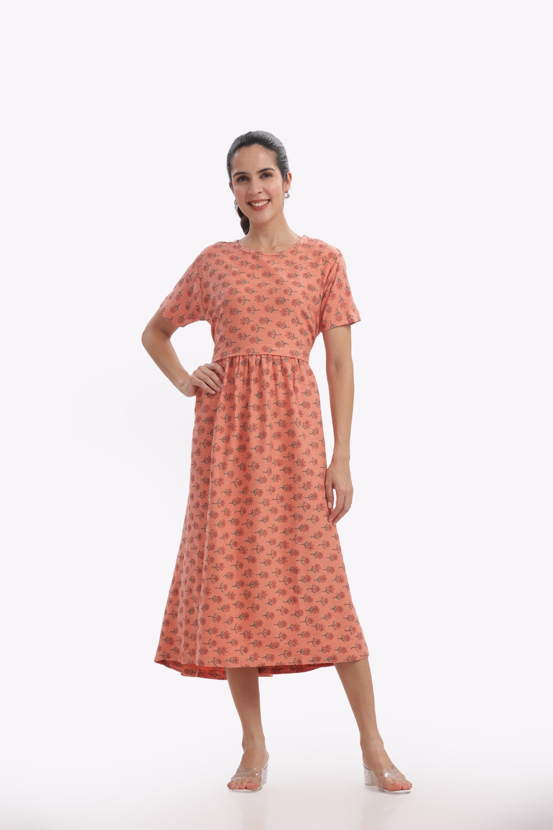 Peach Floral Print Zipless Feeding Frock