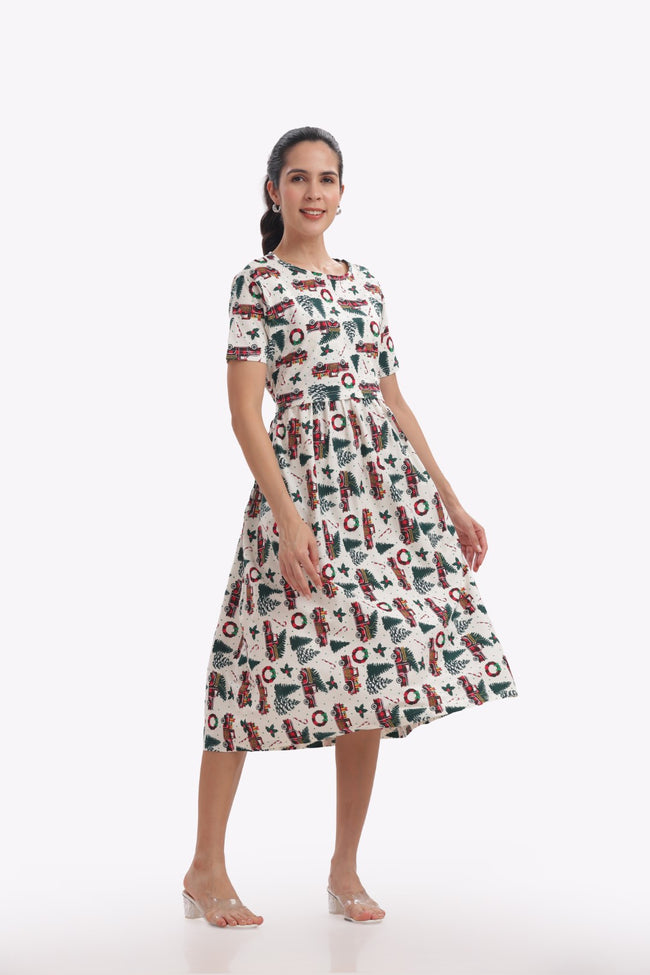X'mas Print Zipless Feeding Frock