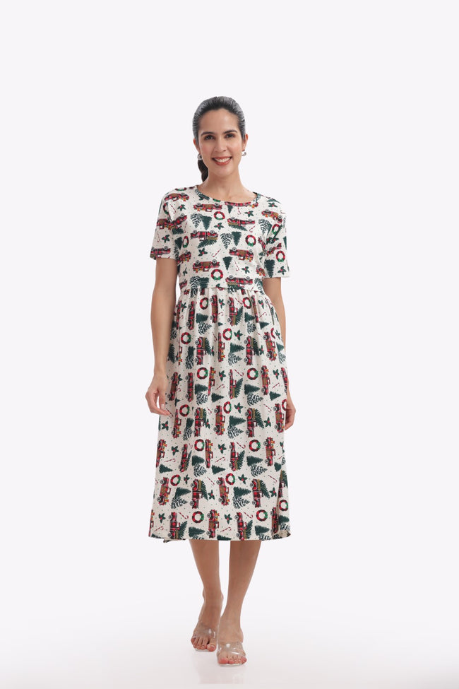X'mas Print Zipless Feeding Frock
