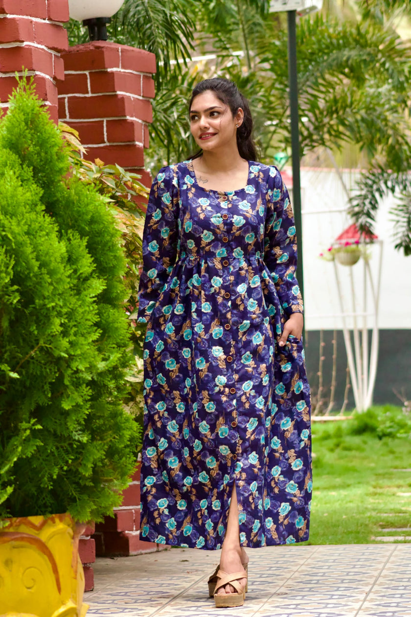 Rajasthani Cotton Blue Golden Full Open Gown Dress