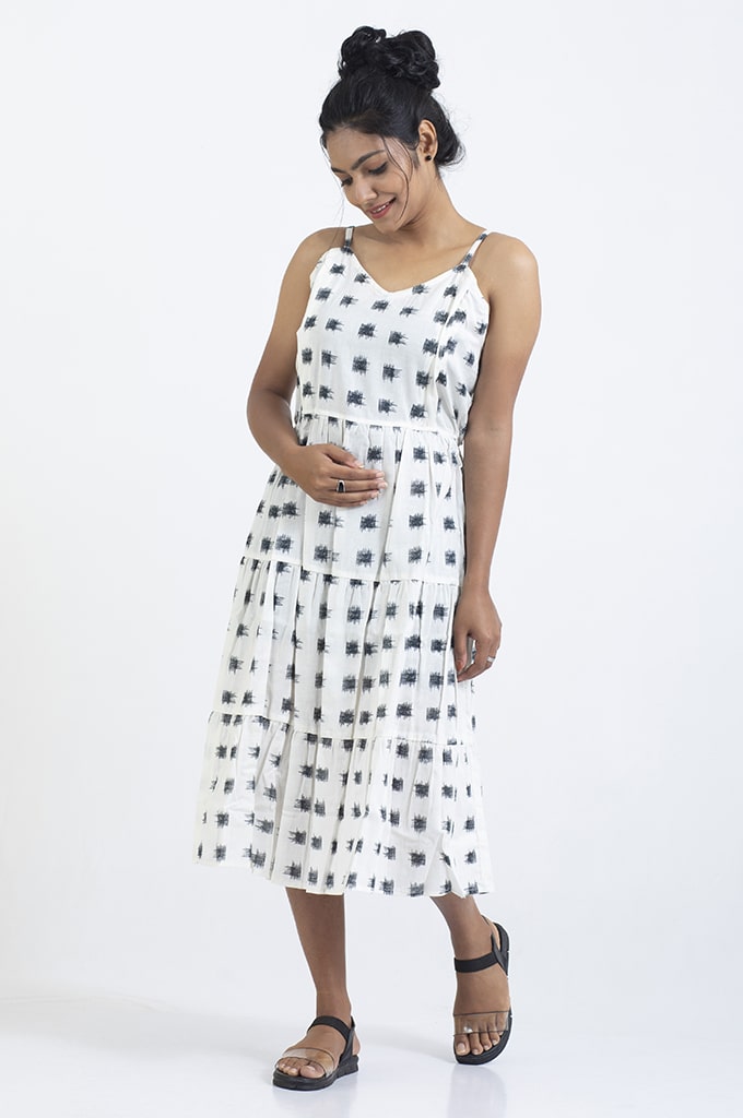 Linen Cotton Black & White Neck Adjustable Sleeveless Frock