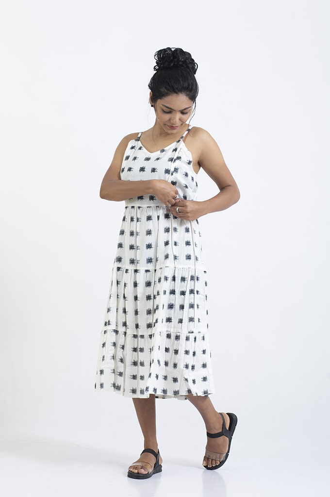 Linen Cotton Black & White Neck Adjustable Sleeveless Frock