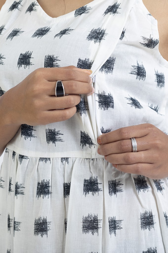 Linen Cotton Black & White Neck Adjustable Sleeveless Frock