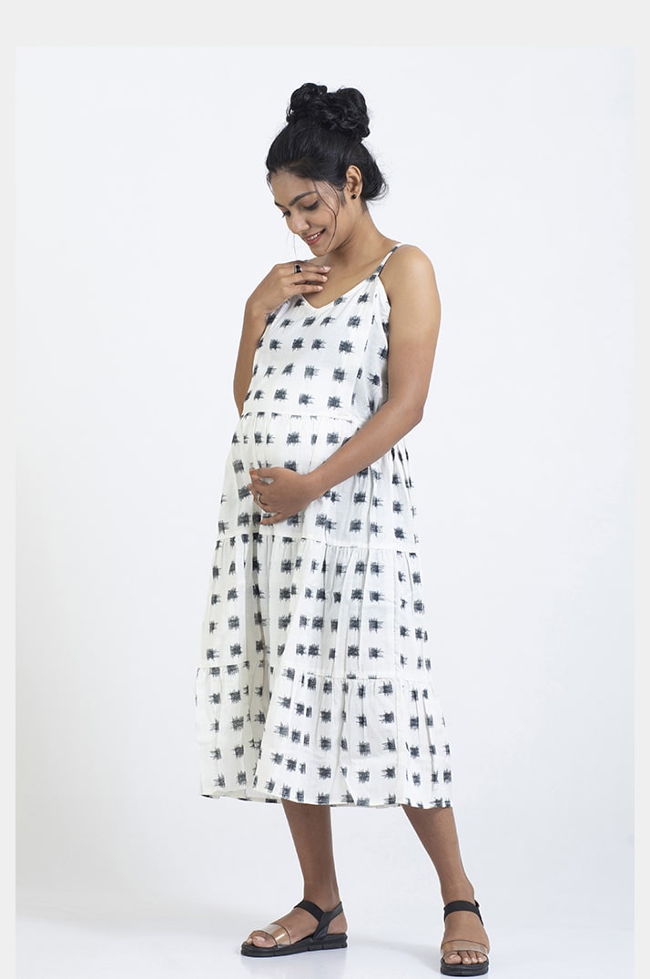 Linen Cotton Black & White Neck Adjustable Sleeveless Frock