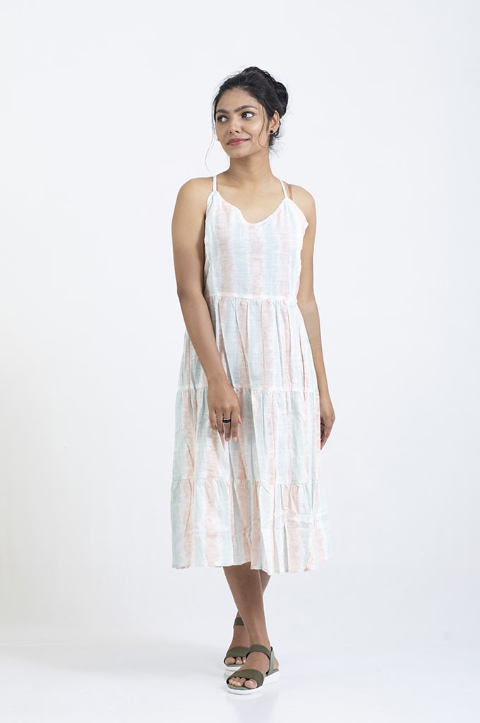 Linen Cotton Multi Color Neck Adjustable Sleeveless Frock