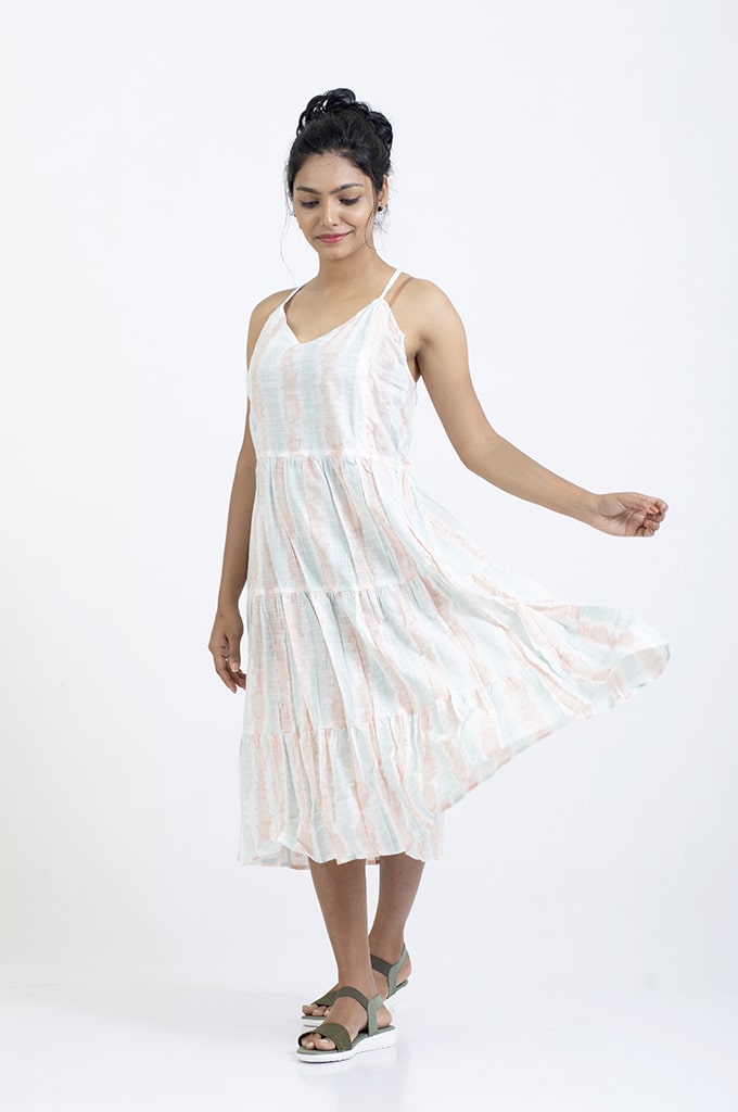 Linen Cotton Multi Color Neck Adjustable Sleeveless Frock