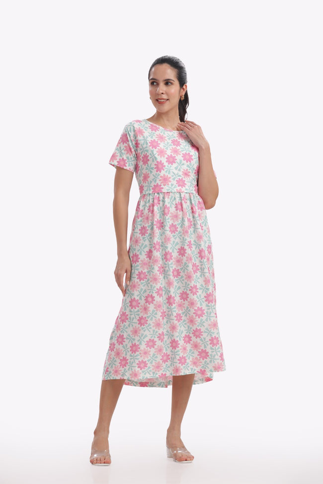 Pink Daisy Print Zipless Feeding Frock