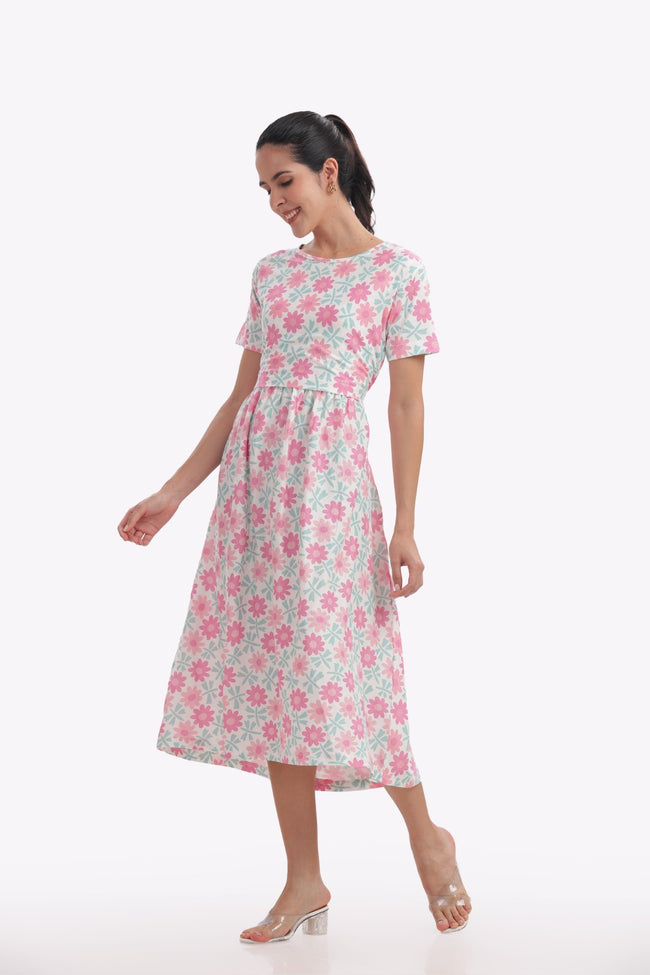 Pink Daisy Print Zipless Feeding Frock