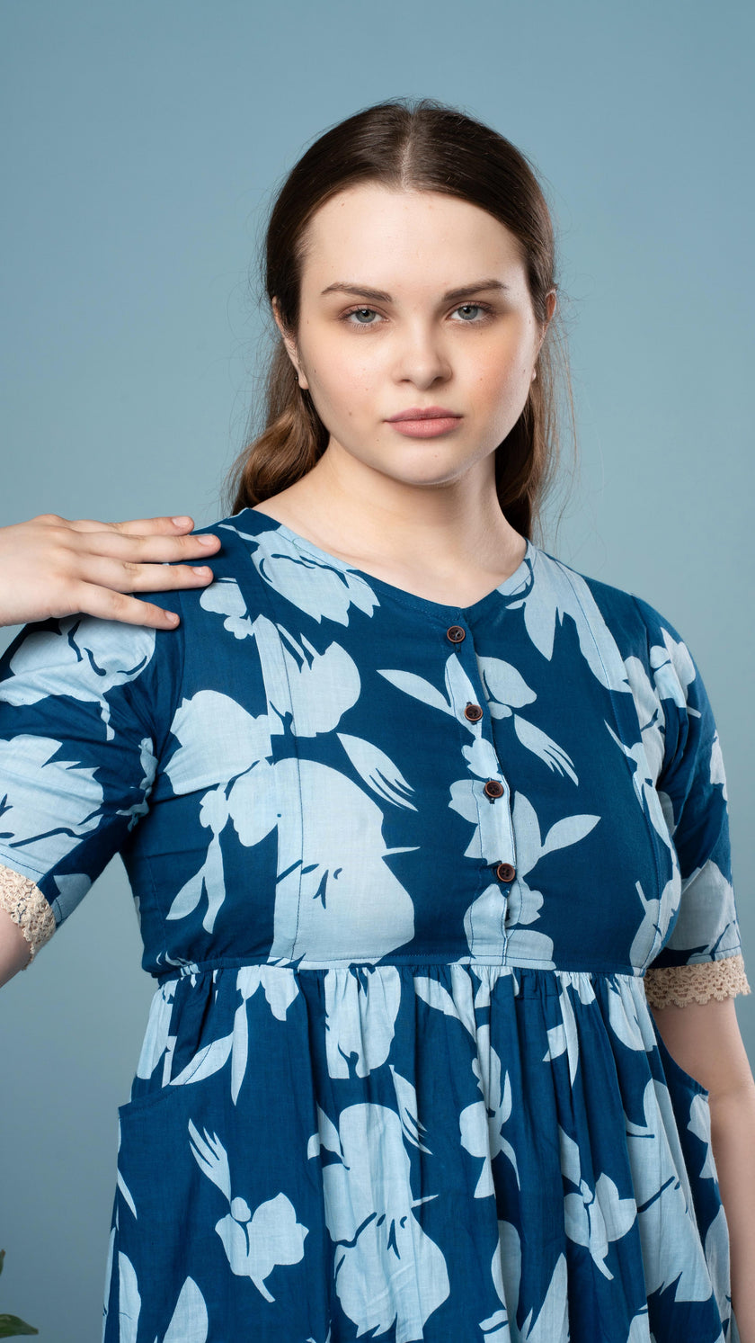 Kalamkari Floral Print Blue Feeding Top