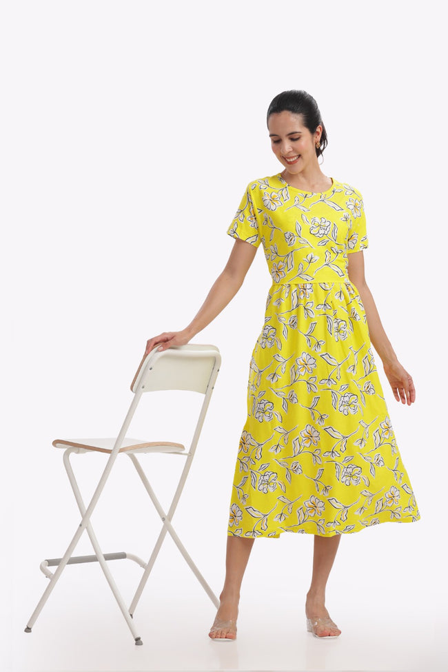 Yellow Lily Floral Print Zipless Feeding Frock