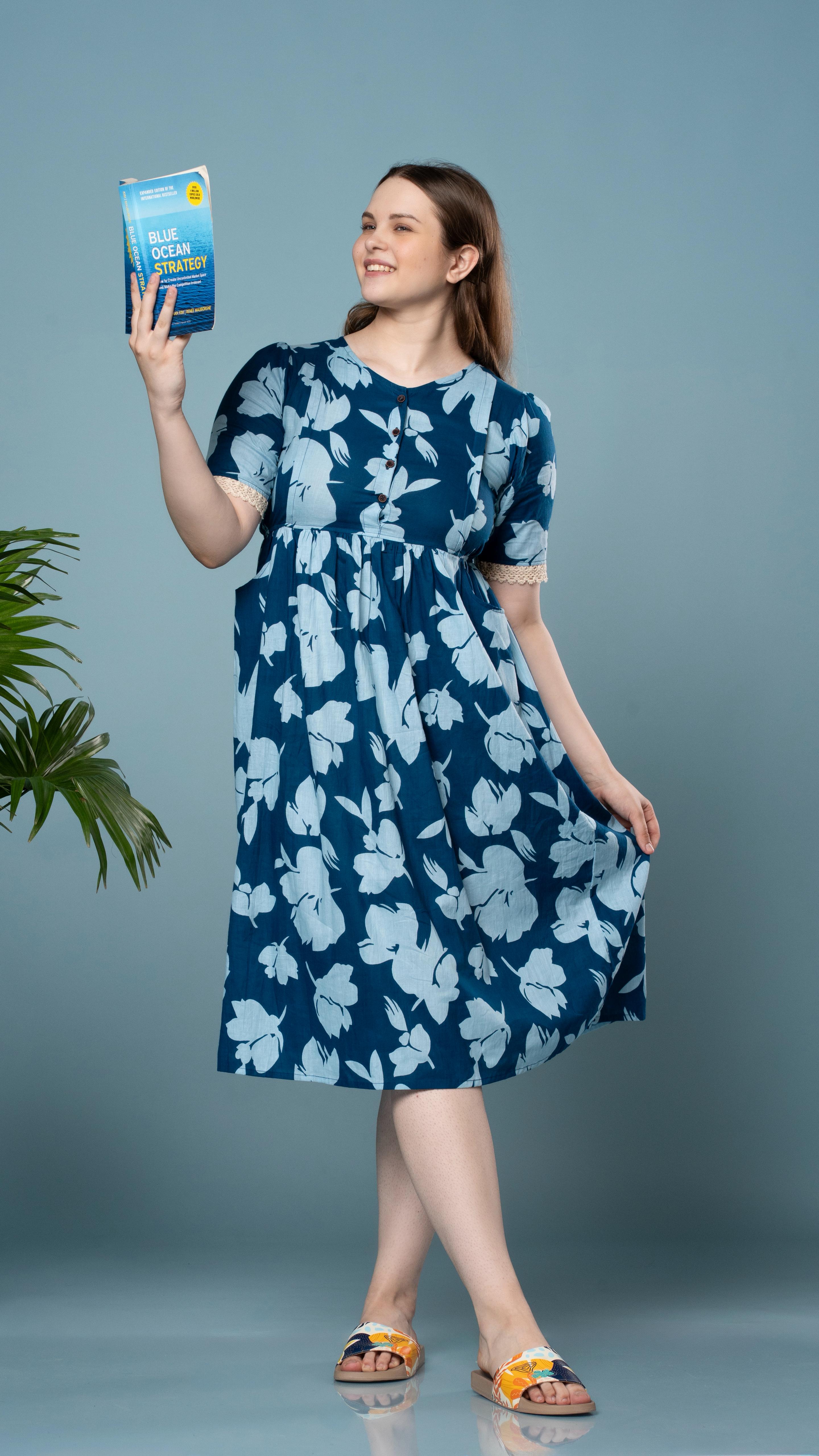 Kalamkari Floral Print Blue Feeding Top