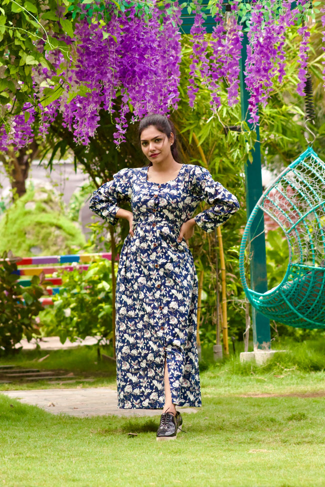 Rajasthani Cotton Blue Full Open Gown Dress