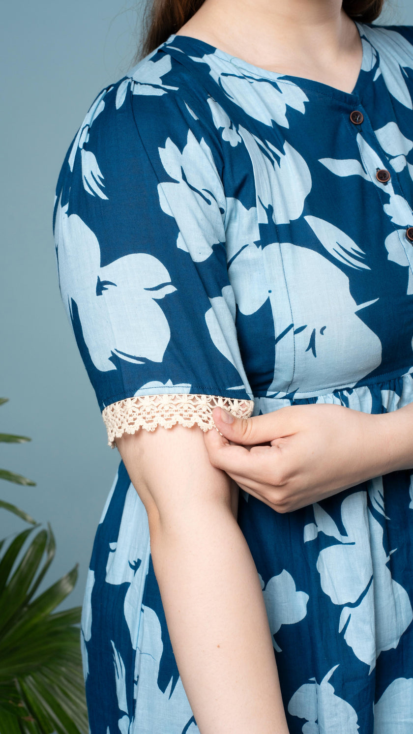 Kalamkari Floral Print Blue Feeding Top